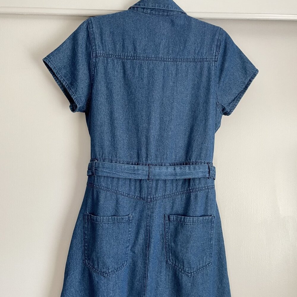 J GEE Denim Blue Jean Shirt Dress Size MP Short Sleeve Button Belted Pockets VTG - Picture 6 of 10